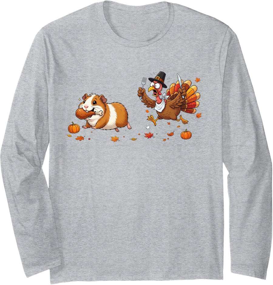 Funny Thanksgiving Turkey Guinea Pig Autumn Womens Mens Kids Long Sleeve T-Shirt - Adult Unisex Heather Grey