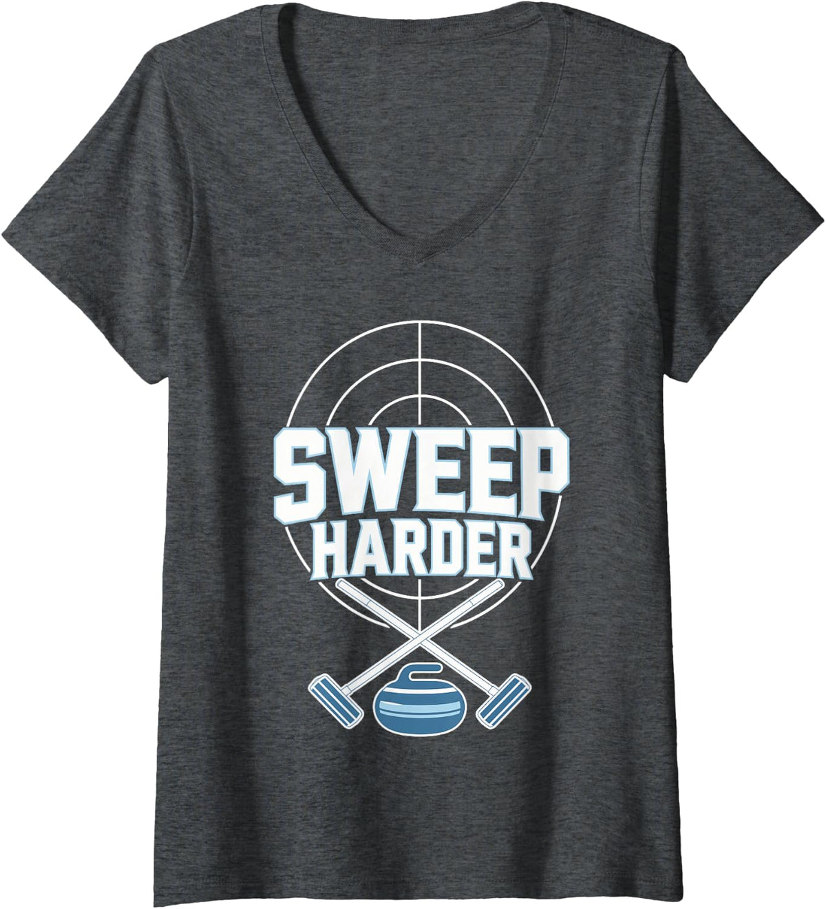 Women's Sweep Harder Curling Broom Rock V-Neck T-Shirt - Dark Heather Grey