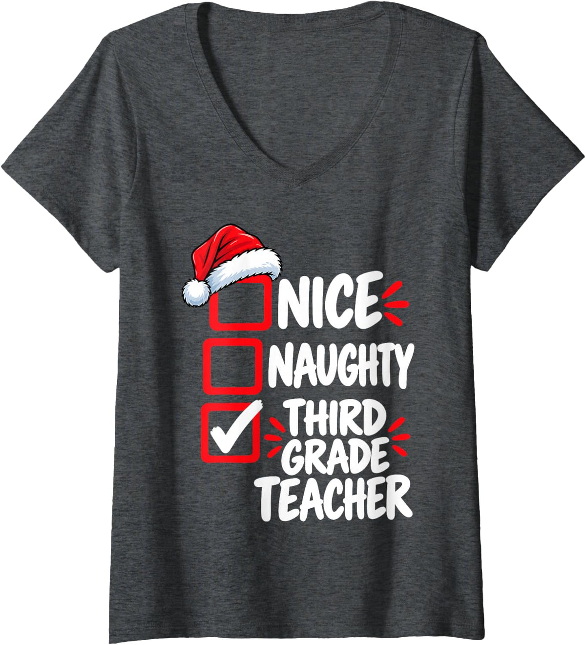 Women's Nice Naughty Third Grade Teacher Christmas V-Neck T-Shirt - Dark Heather Grey