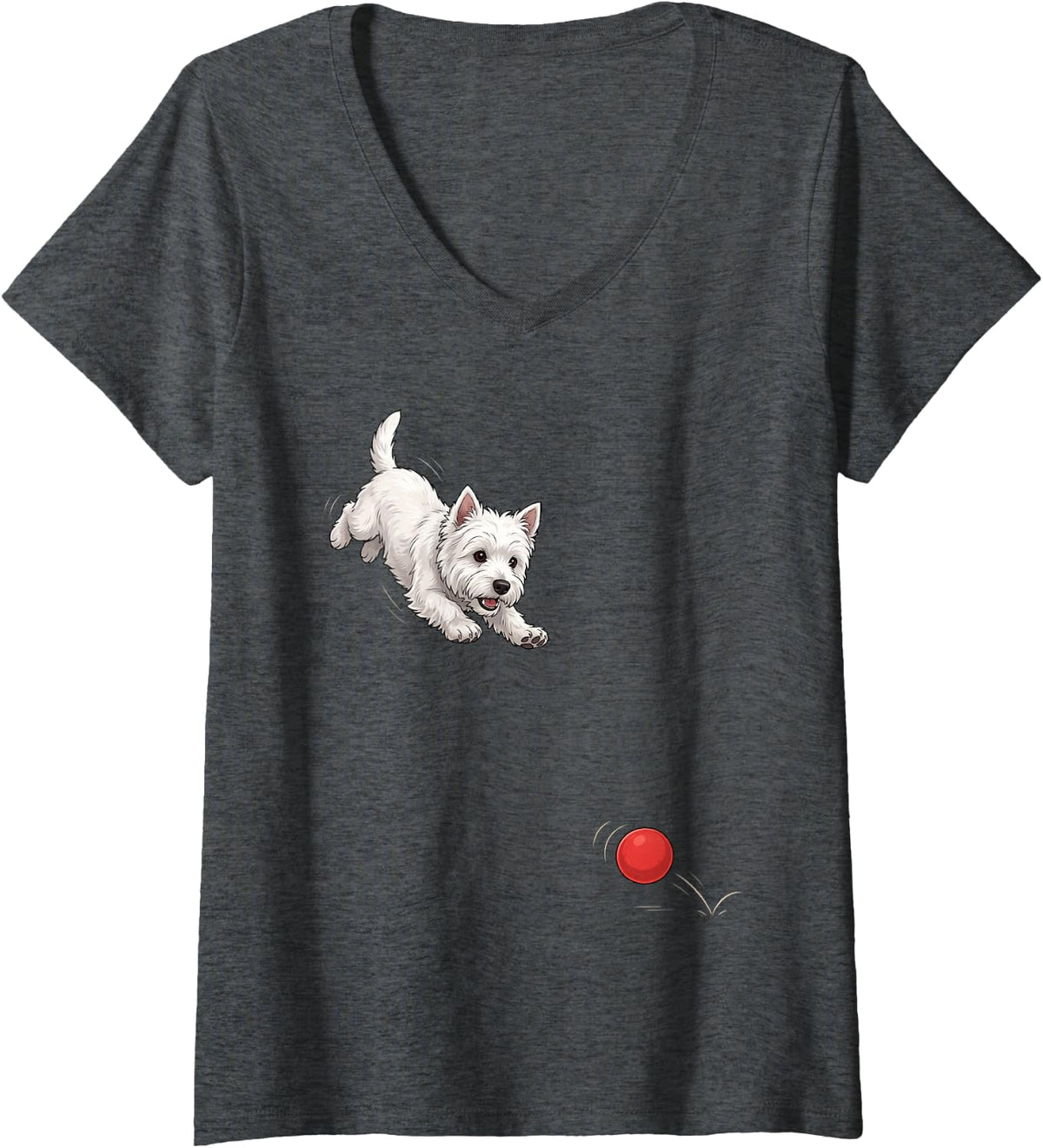 Women's Funny West Highland White Terrier Chasing Ball Dog Humor V-Neck T-Shirt - Dark Heather Grey