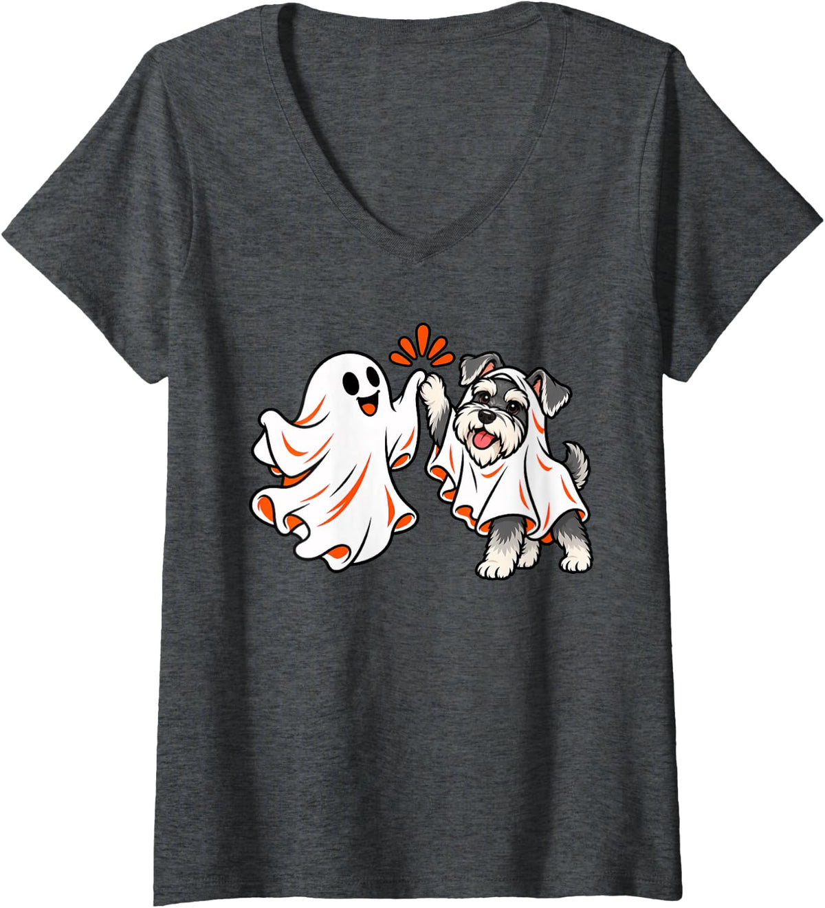 Women's Spooky Ghost Miniature Schnauzer Dog Halloween Costume V-Neck T-Shirt - Dark Heather Grey