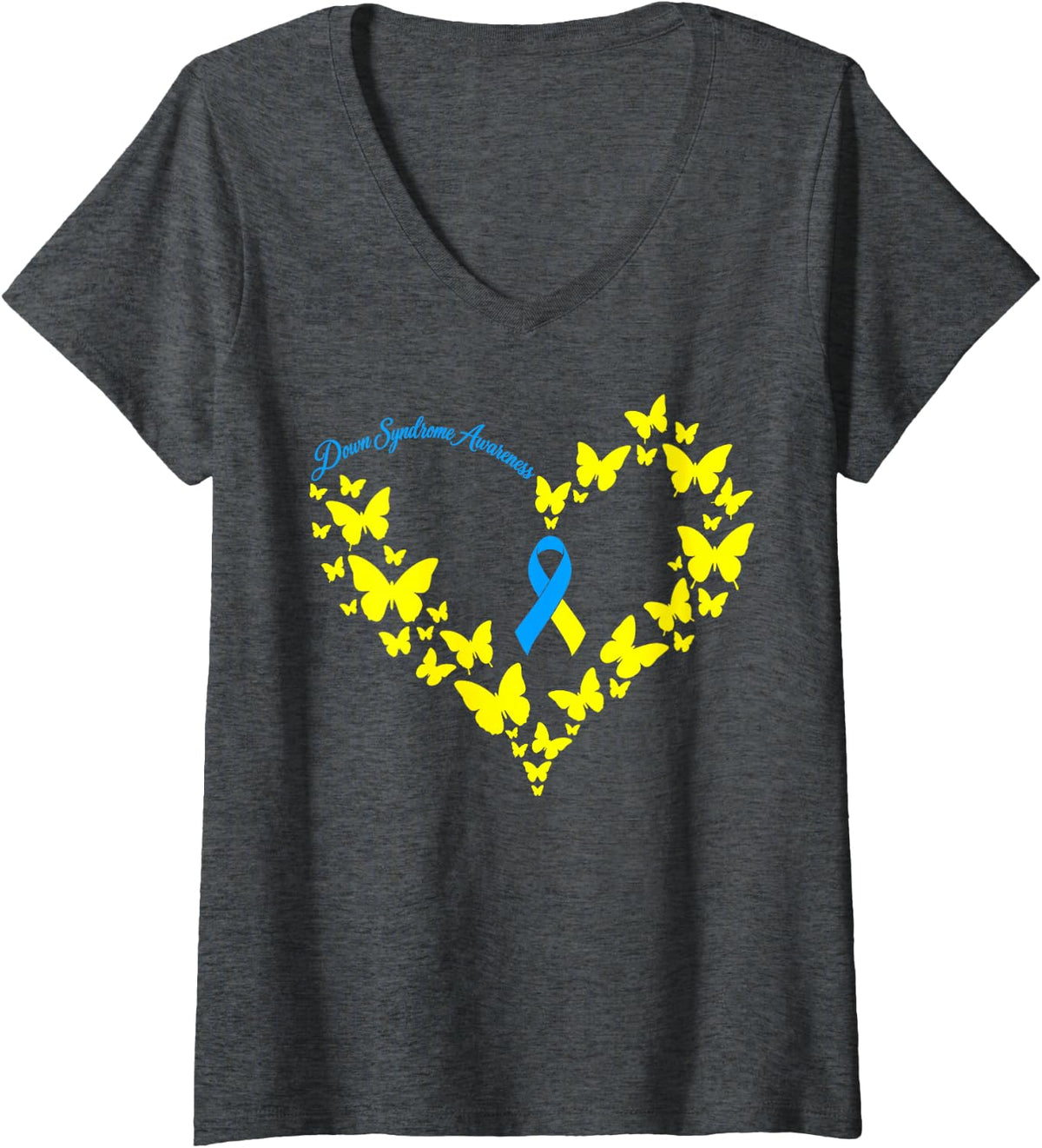 Women's Butterfly Heart Ribbon Down Syndrome Awareness V-Neck T-Shirt - Dark Heather Grey