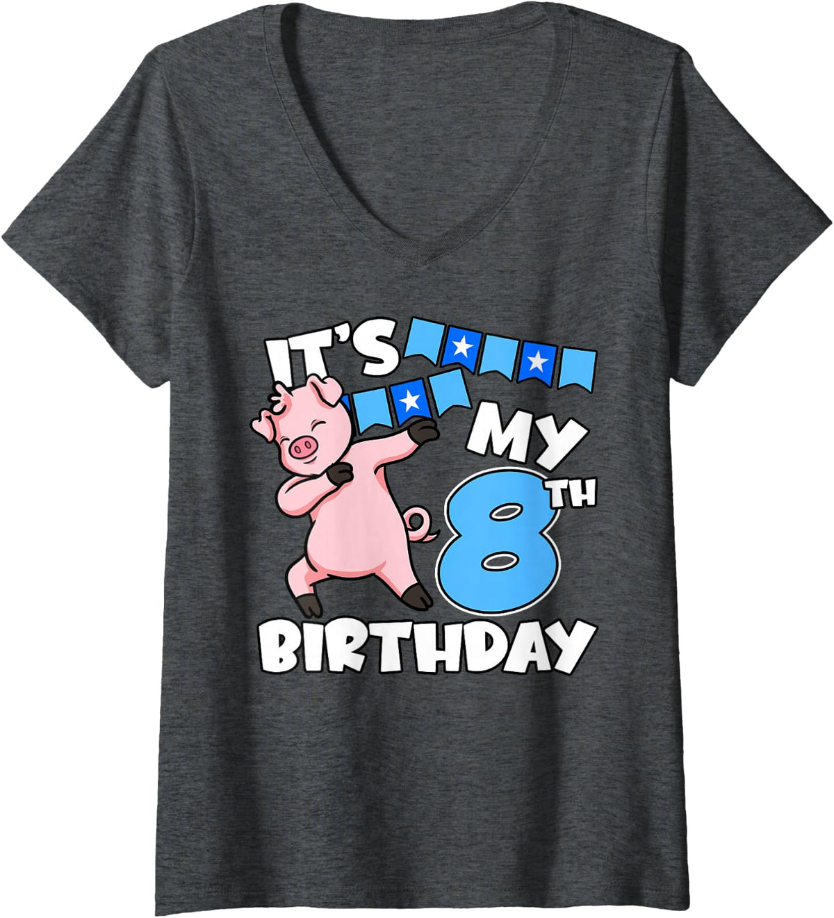 Women's Pig 8th Birthday Farm Party Hog Farmer Barnyard Oink Piggy V-Neck T-Shirt - Dark Heather Grey