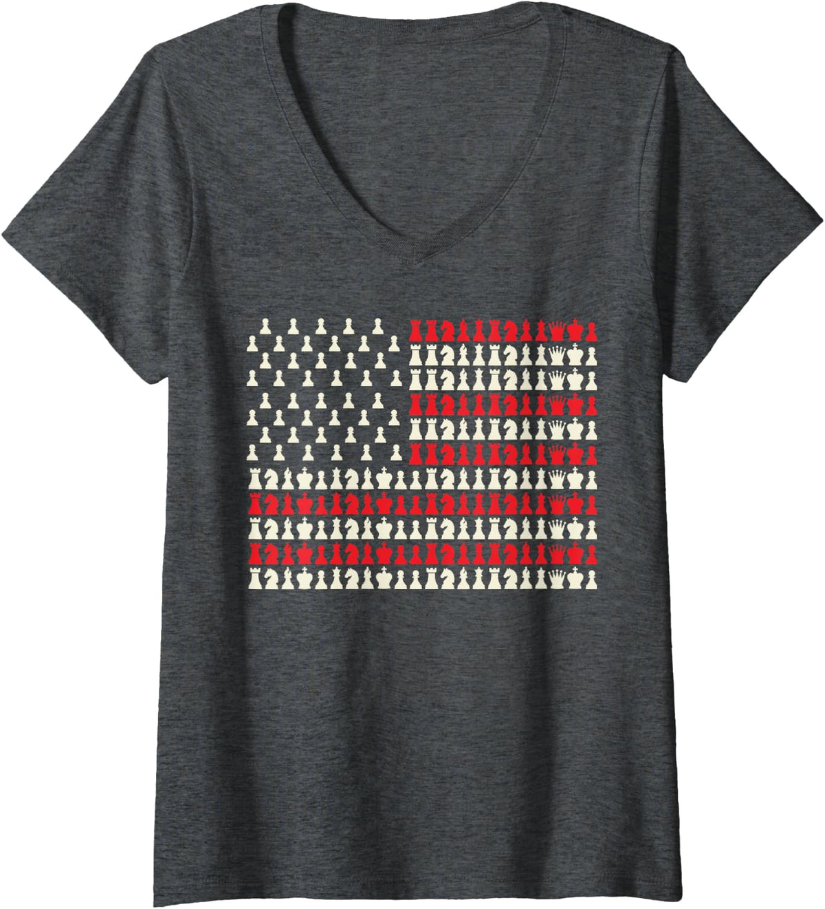 Women's US Flag Chess Pieces Tee Funny Chess Player Checkmate V-Neck T-Shirt - Dark Heather Grey