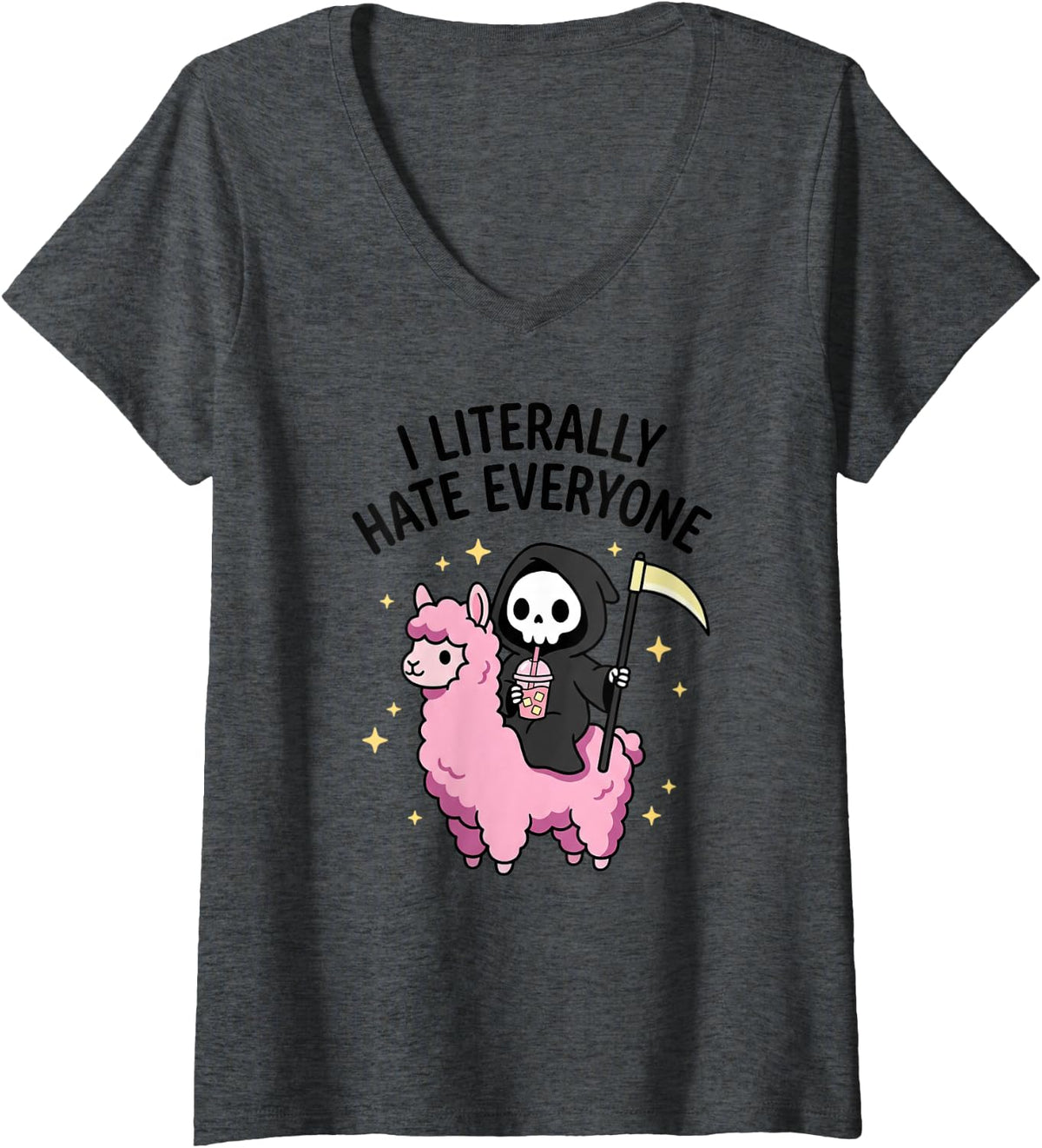 Women's I Literally Hate Everyone Grim Reaper Riding Pink Llama V-Neck T-Shirt - Dark Heather Grey