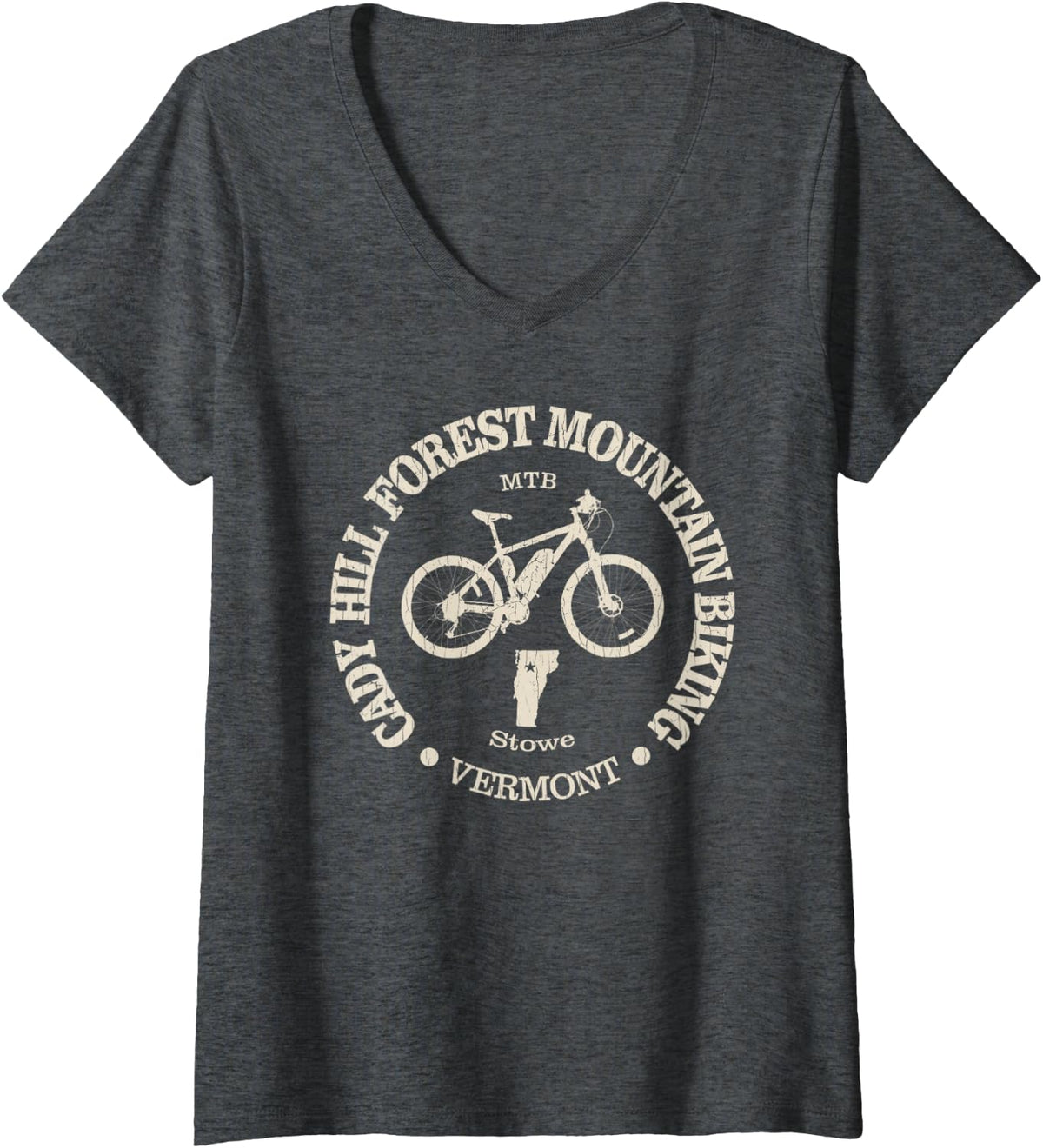 Women's Vintage Cady Hill Forest, Vermont Mountain Biking Cycling V-Neck T-Shirt - Dark Heather Grey