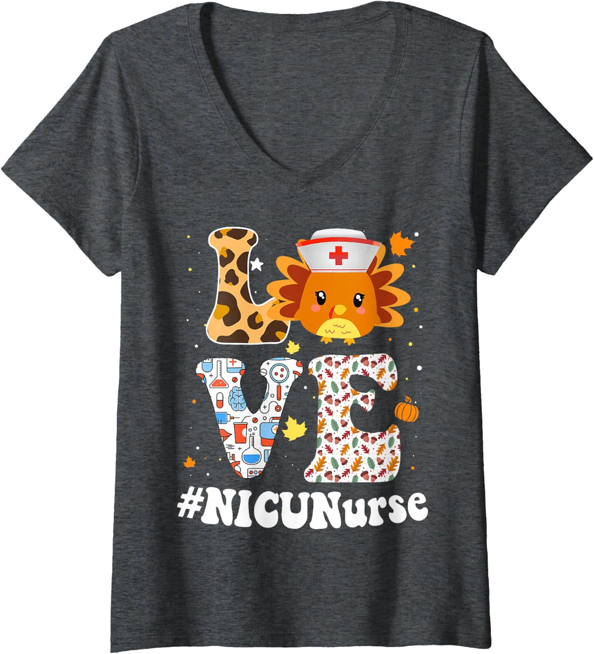 Women's Retro Gobble Gobble Thanksgiving NICU Nurse Turkey RN V-Neck T-Shirt - Dark Heather Grey