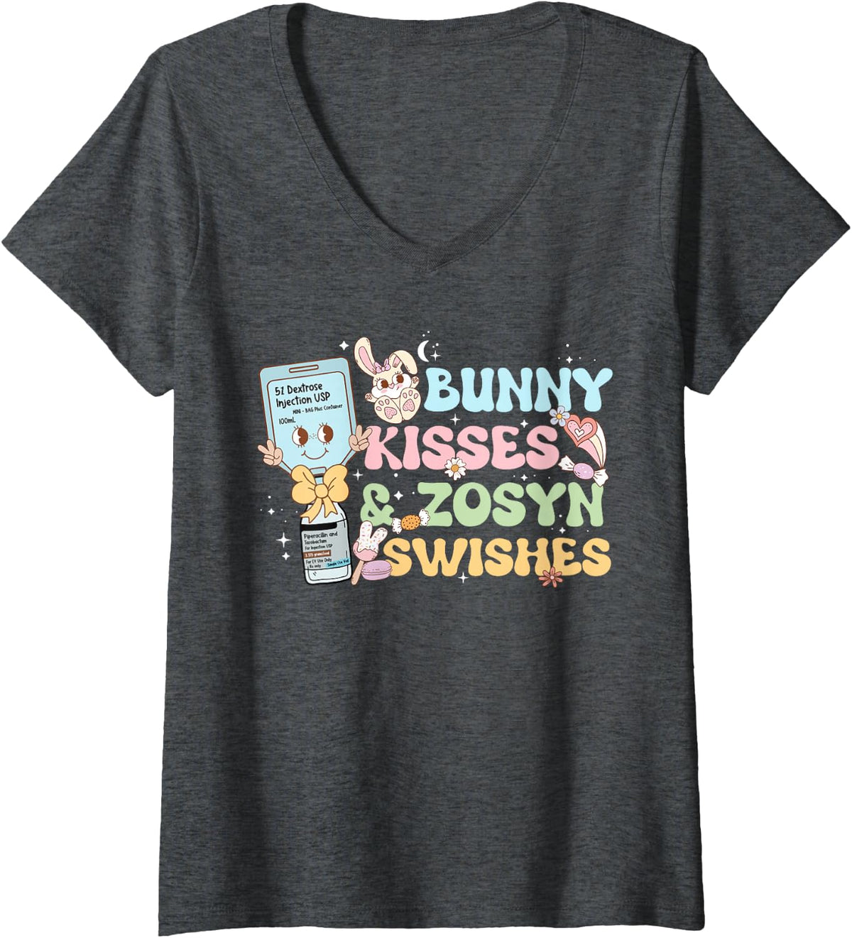 Women's Bunny Kiss Zosyn Swishes Nurse RN LPN CNA Healthcare Easter V-Neck T-Shirt - Dark Heather Grey