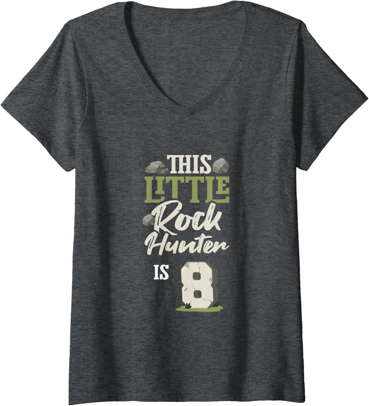 Women's This Little Rock Hunter is 8 Fossils Lover 8th Birthday Kids V-Neck T-Shirt - Dark Heather Grey