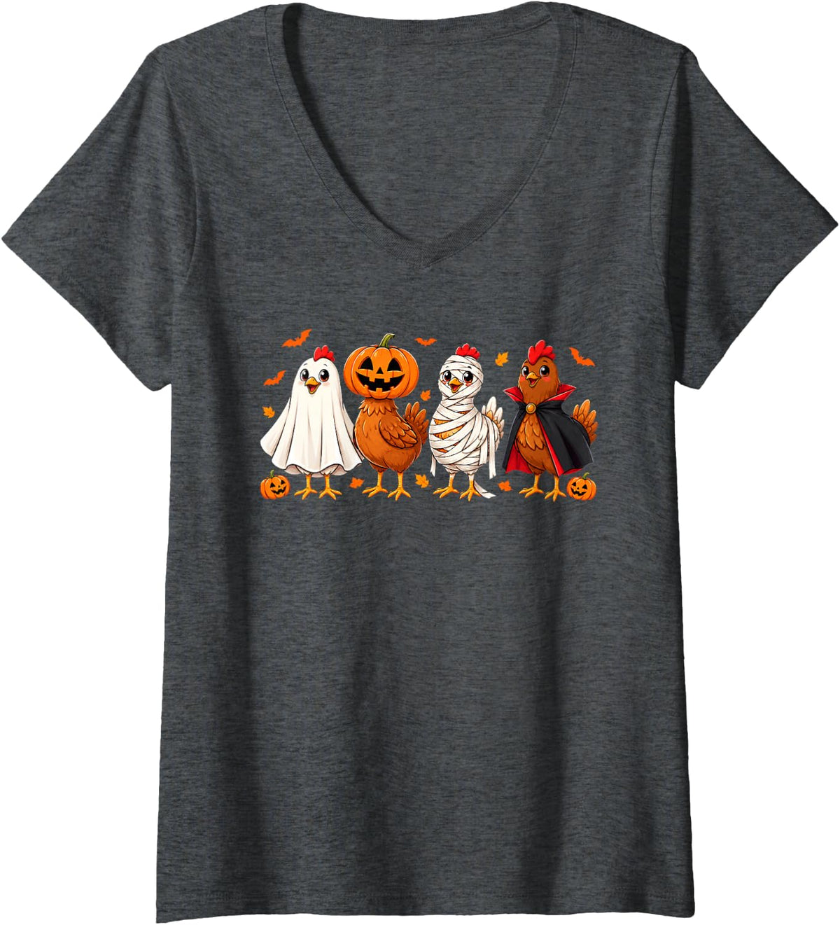 Women's Chicken Spooky Season Pumpkin Farm Farmer Halloween Costume V-Neck T-Shirt - Dark Heather Grey