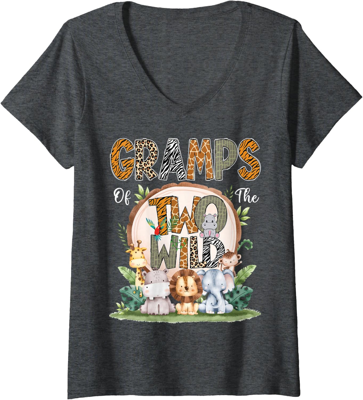 Women's Gramps of The Two Wild Animal Safari 2Nd Birthday Party V-Neck T-Shirt - Dark Heather Grey