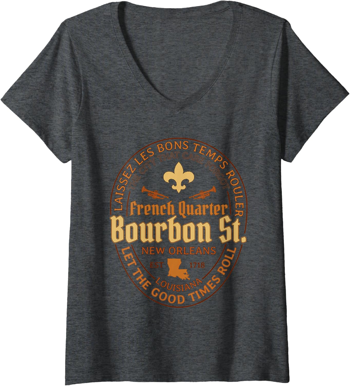 Womens French Quarter Bourbon St New Orleans Souvenir Gift V-Neck T-Shirt - Dark Heather Grey