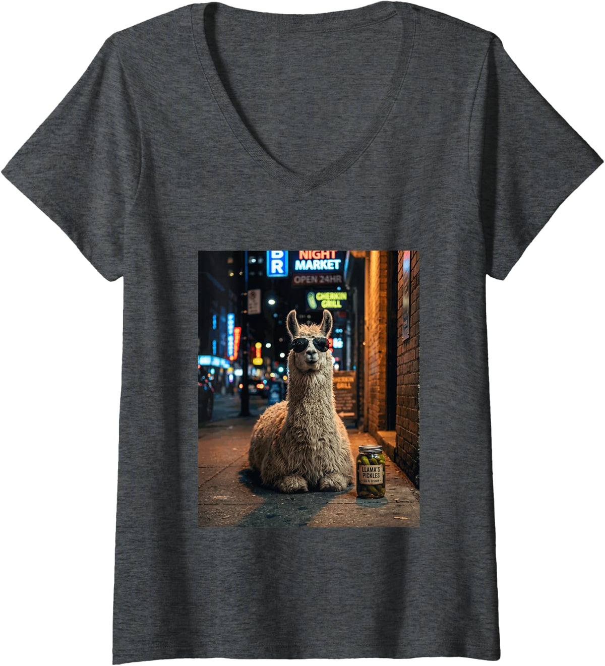 Women's Funny Llama Eating Pickles Meme Men Women V-Neck T-Shirt - Dark Heather Grey