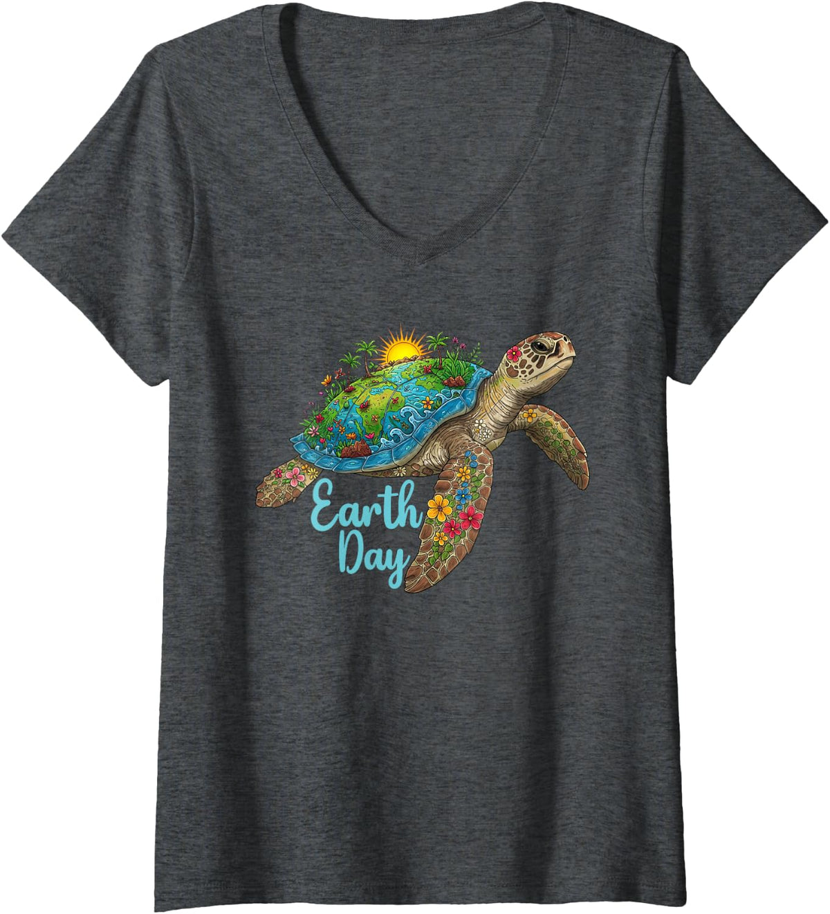 Womens Sea Turtle Earth Day Save The Earth Planet Women Men V-Neck T-Shirt - Dark Heather Grey