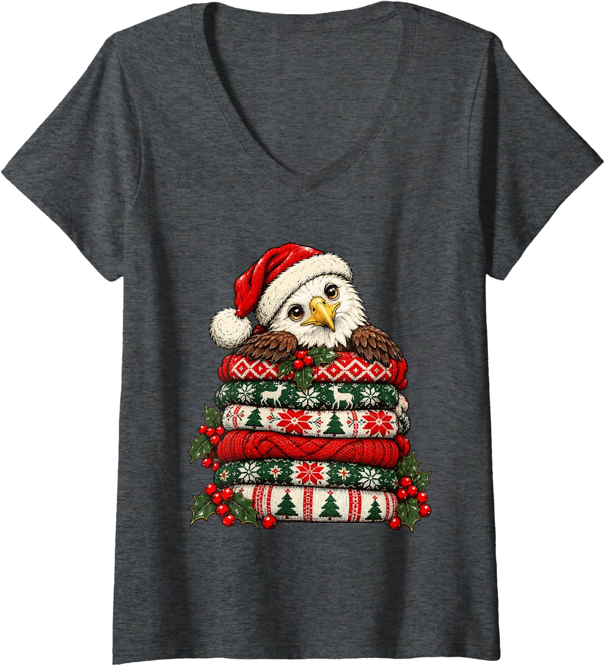 Women's Cozy Christmas Bald Eagle and Festive Sweaters Holly Berries V-Neck T-Shirt - Dark Heather Grey