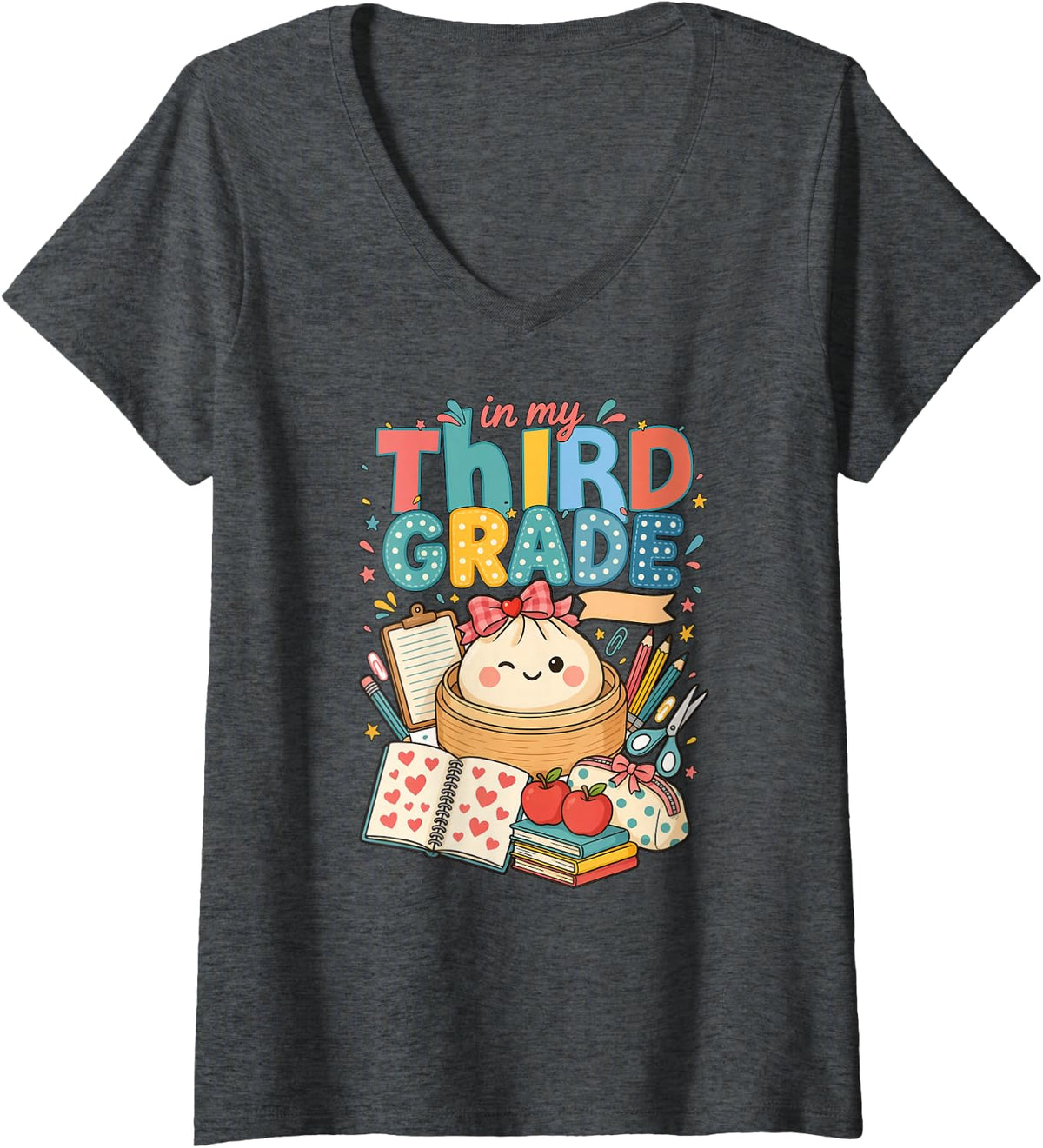 Women's in My Third Grade Kid 3rd Grader Cute Dumpling School Girl V-Neck T-Shirt - Dark Heather Grey