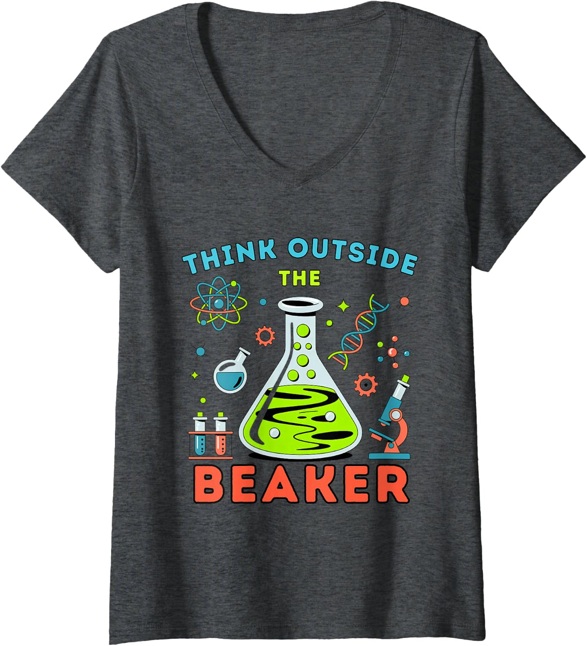 Women's Think Outside The Beaker, Funny Chemistry Science V-Neck T-Shirt - Dark Heather Grey