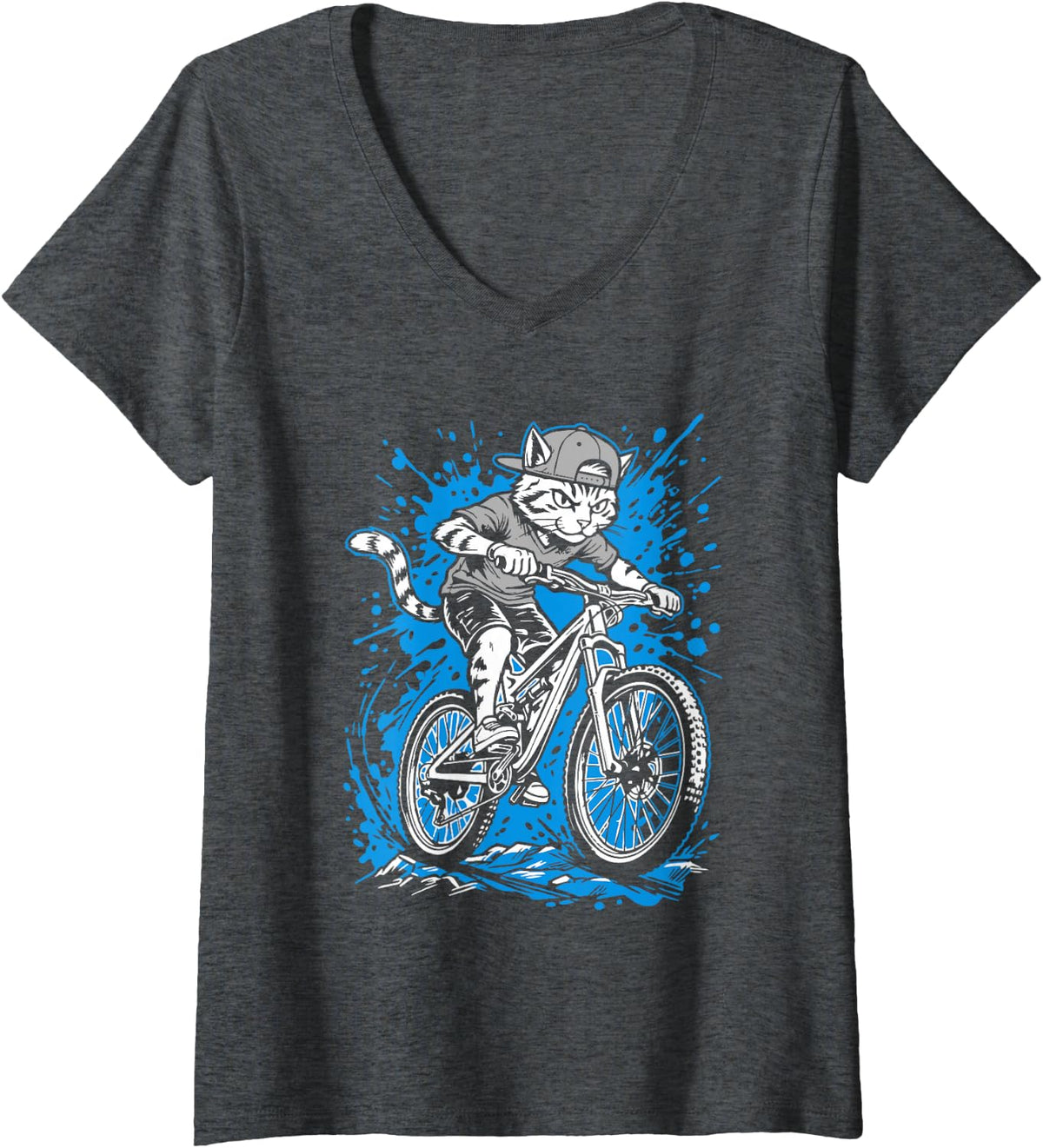 Women's Cat Bicycle Funny Mountain Bike MTB Cycling V-Neck T-Shirt - Dark Heather Grey