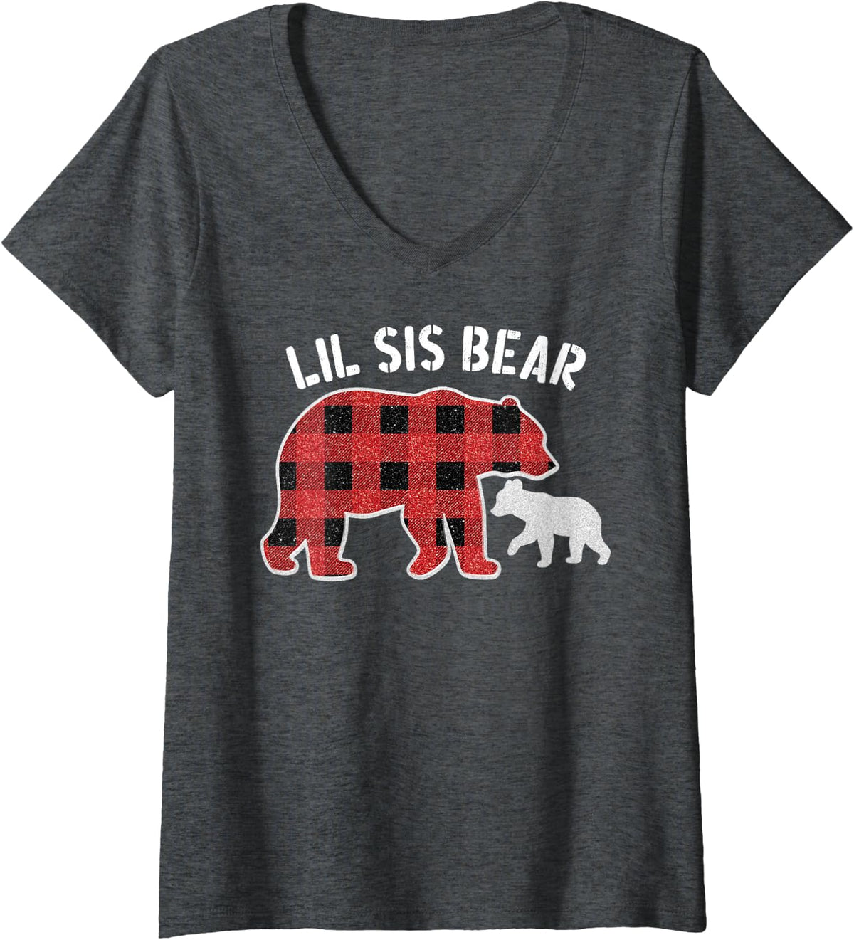 Women's Red Plaid Lil Sis Bear Buffalo Christmas Pajama Family V-Neck T-Shirt - Dark Heather Grey