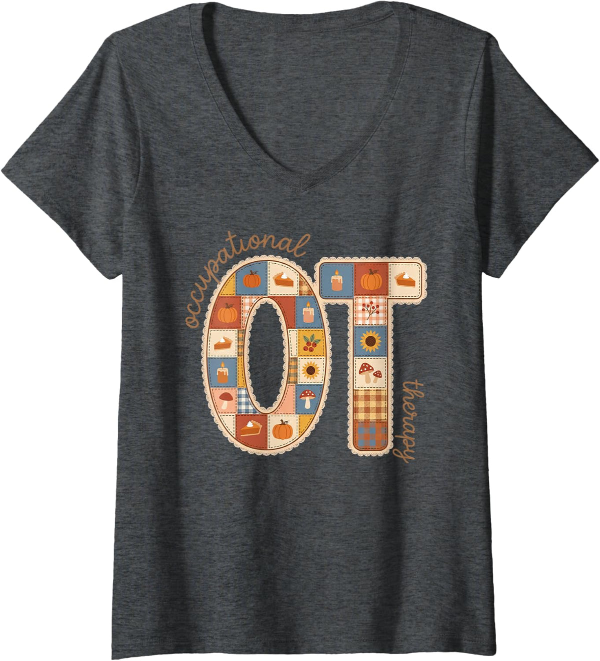 Women's Occupational Therapy Ot Fall Autumn Patchwork Pumpkin V-Neck T-Shirt - Dark Heather Grey