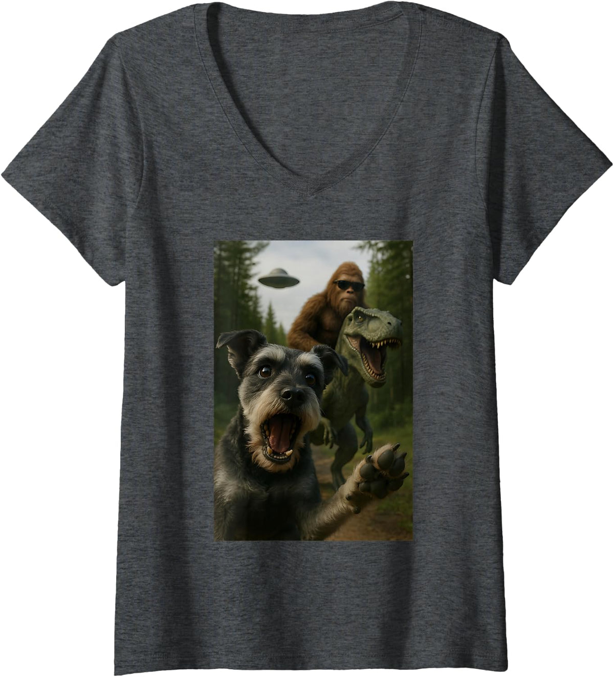 Women's Shocked Miniature Schnauzer Dog T-Rex Bigfoot UFO Selfie V-Neck T-Shirt - Dark Heather Grey