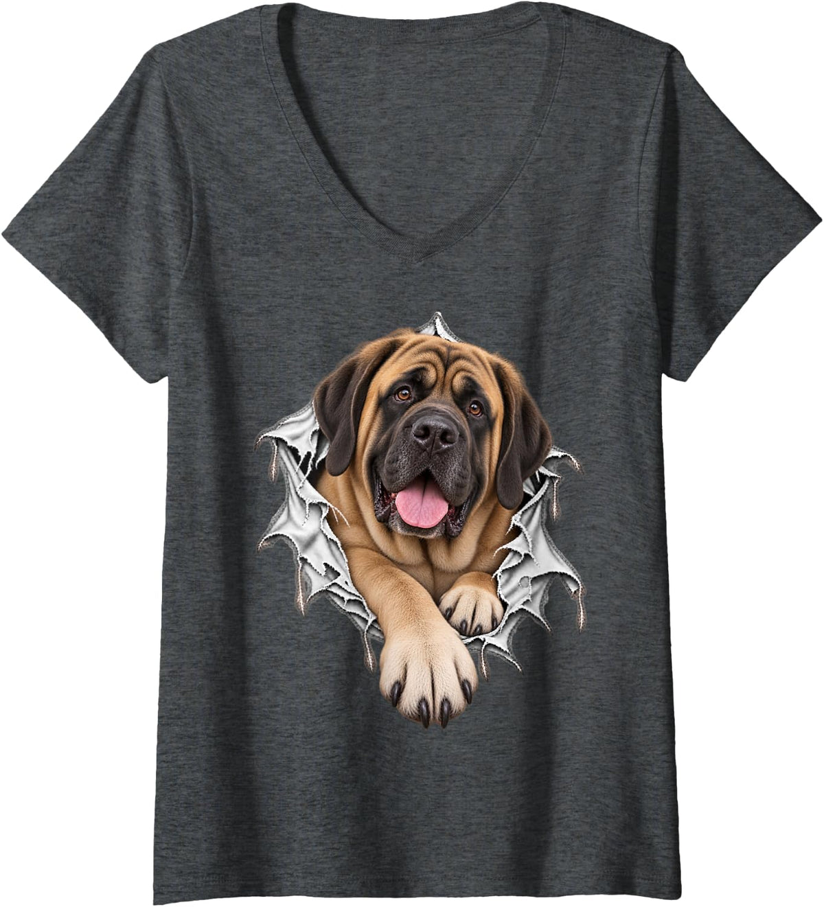 Women's Cute Mastiff Dog Stepping Out from Ripped Design V-Neck T-Shirt - Dark Heather Grey