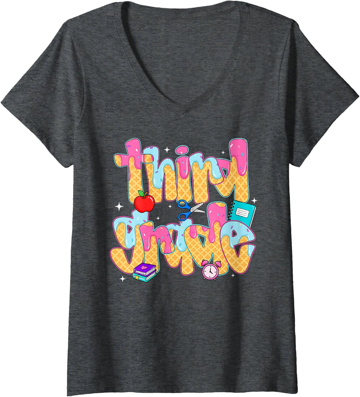 Women's First Day of School Girls Boys Ice Cream Drip Third Grade V-Neck T-Shirt - Dark Heather Grey