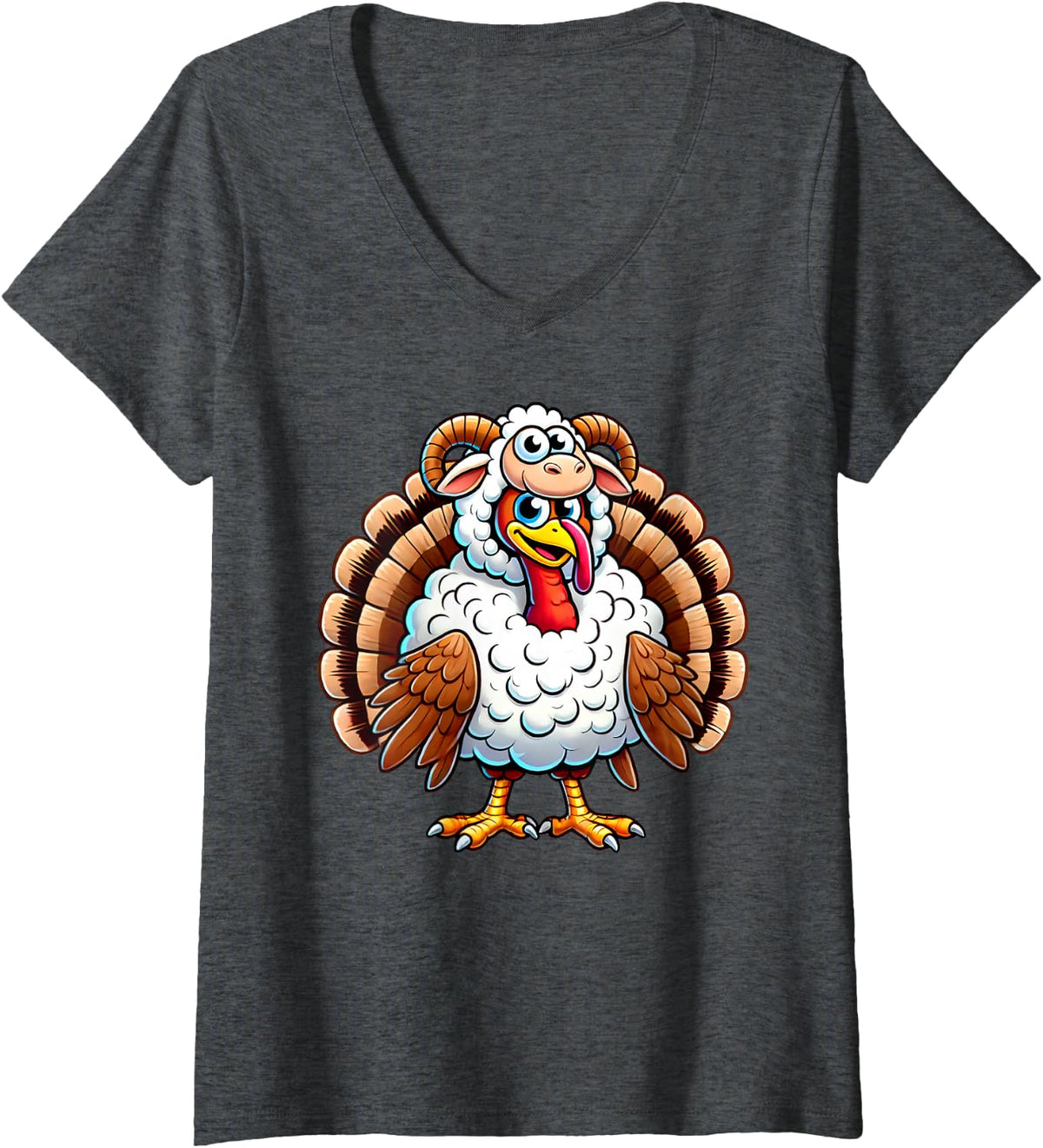 Women's Thanksgiving Turkey in Sheep Disguise Funny Holiday Humor V-Neck T-Shirt - Dark Heather Grey