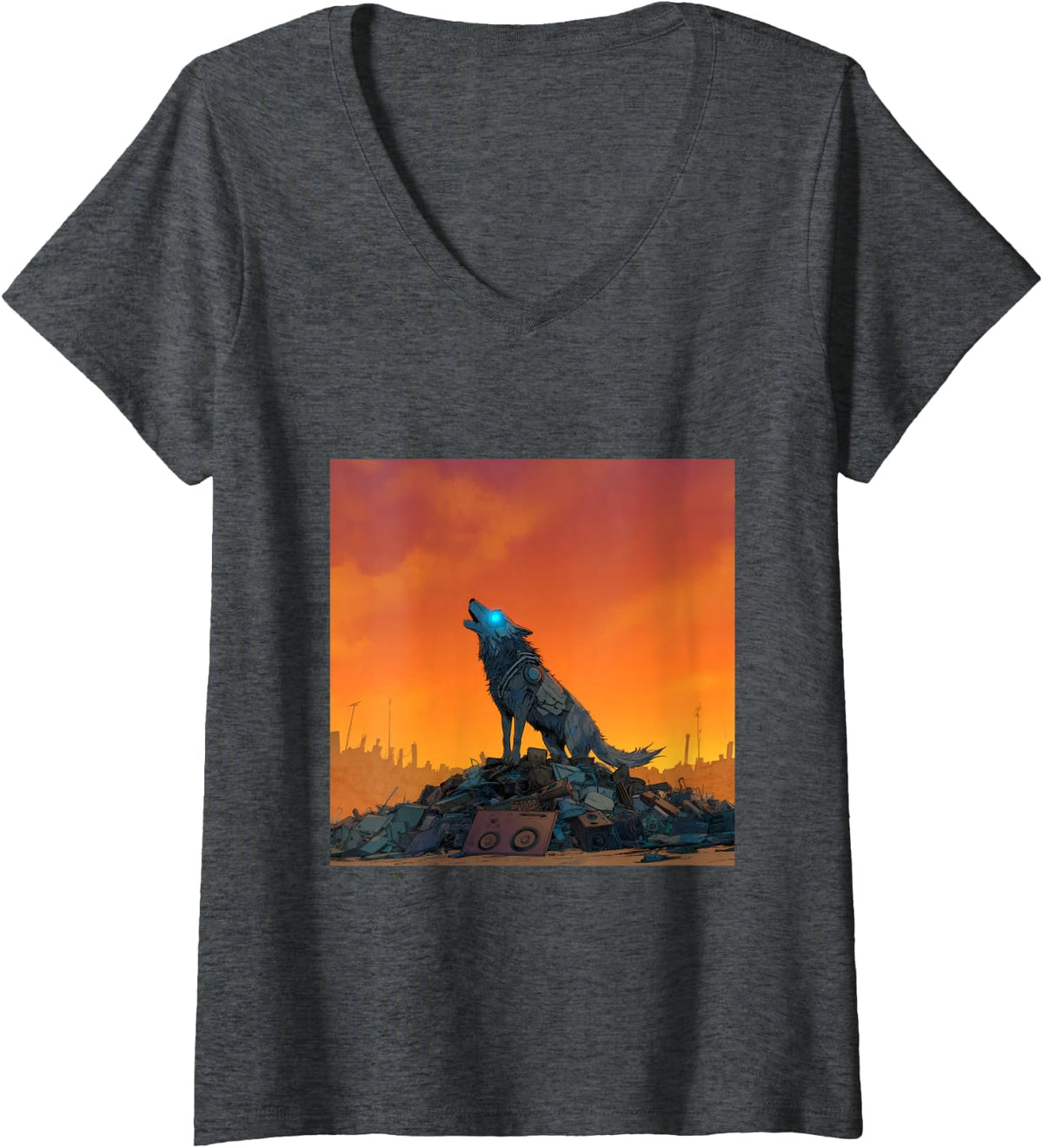 Women's Cyberpunk Wolf Howling Wasteland Apocalypse V-Neck T-Shirt - Dark Heather Grey