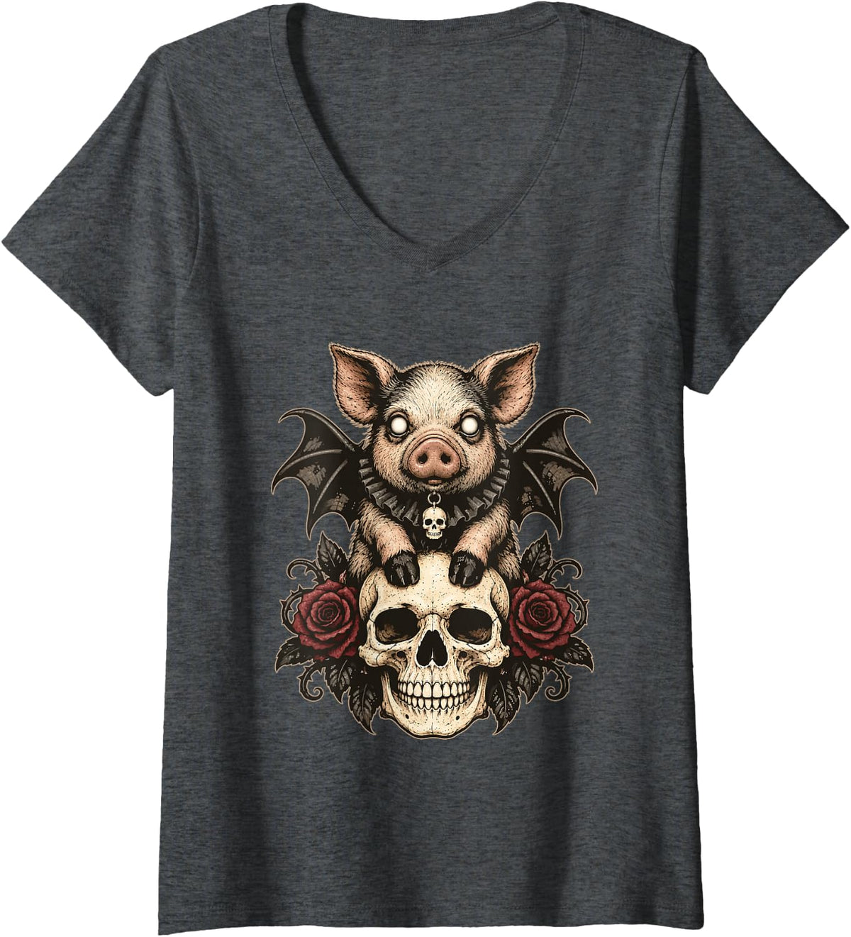 Women's Pig with Bat Wings Floral Gothic Skull Halloween Animal V-Neck T-Shirt - Dark Heather Grey