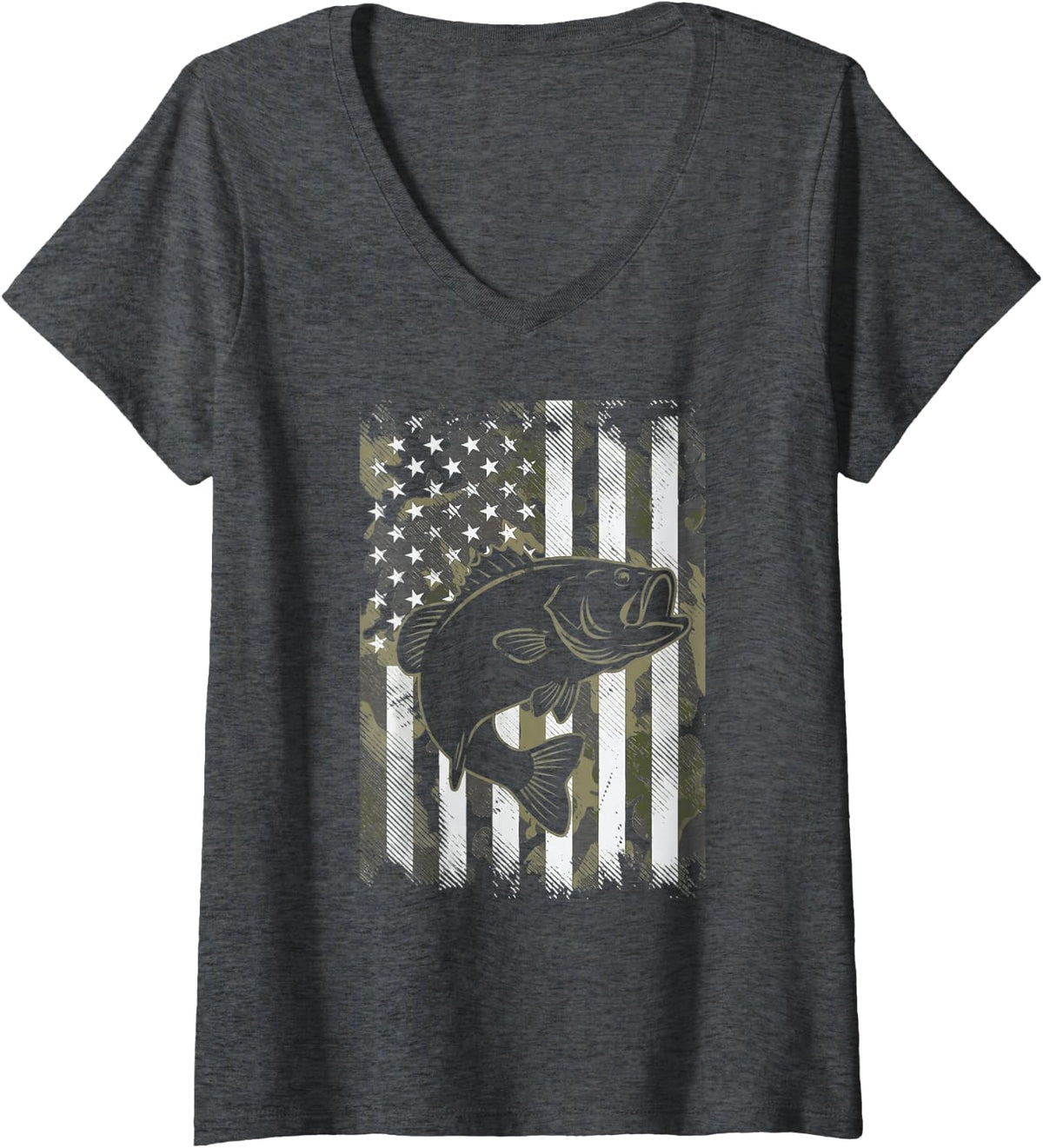 Women's Camo Fishing Bass Fish American Flag Patriotic V-Neck T-Shirt - Dark Heather Grey