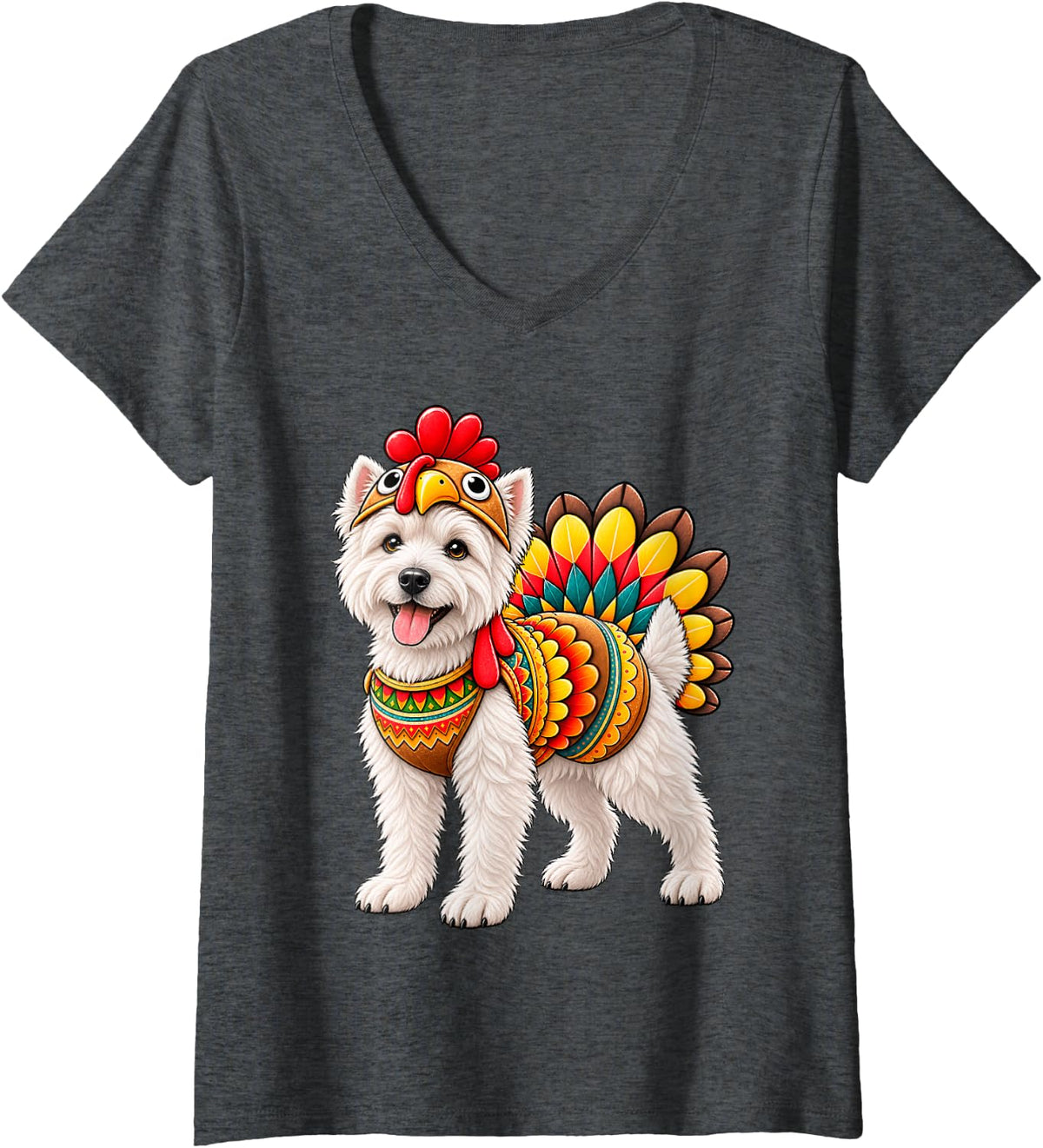 Women's West Highland White Terrier Turkey Costume Thanksgiving Dog V-Neck T-Shirt - Dark Heather Grey