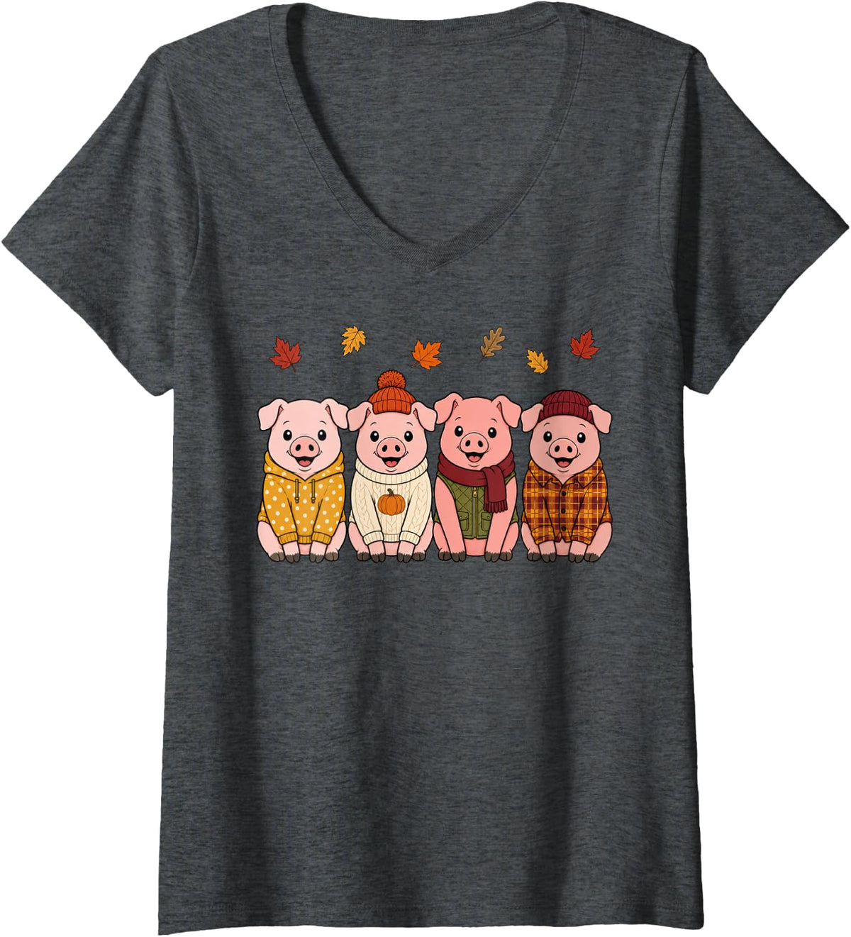 Women's Pig Fall Autumn Season Pumpkin Farm Animal V-Neck T-Shirt - Dark Heather Grey