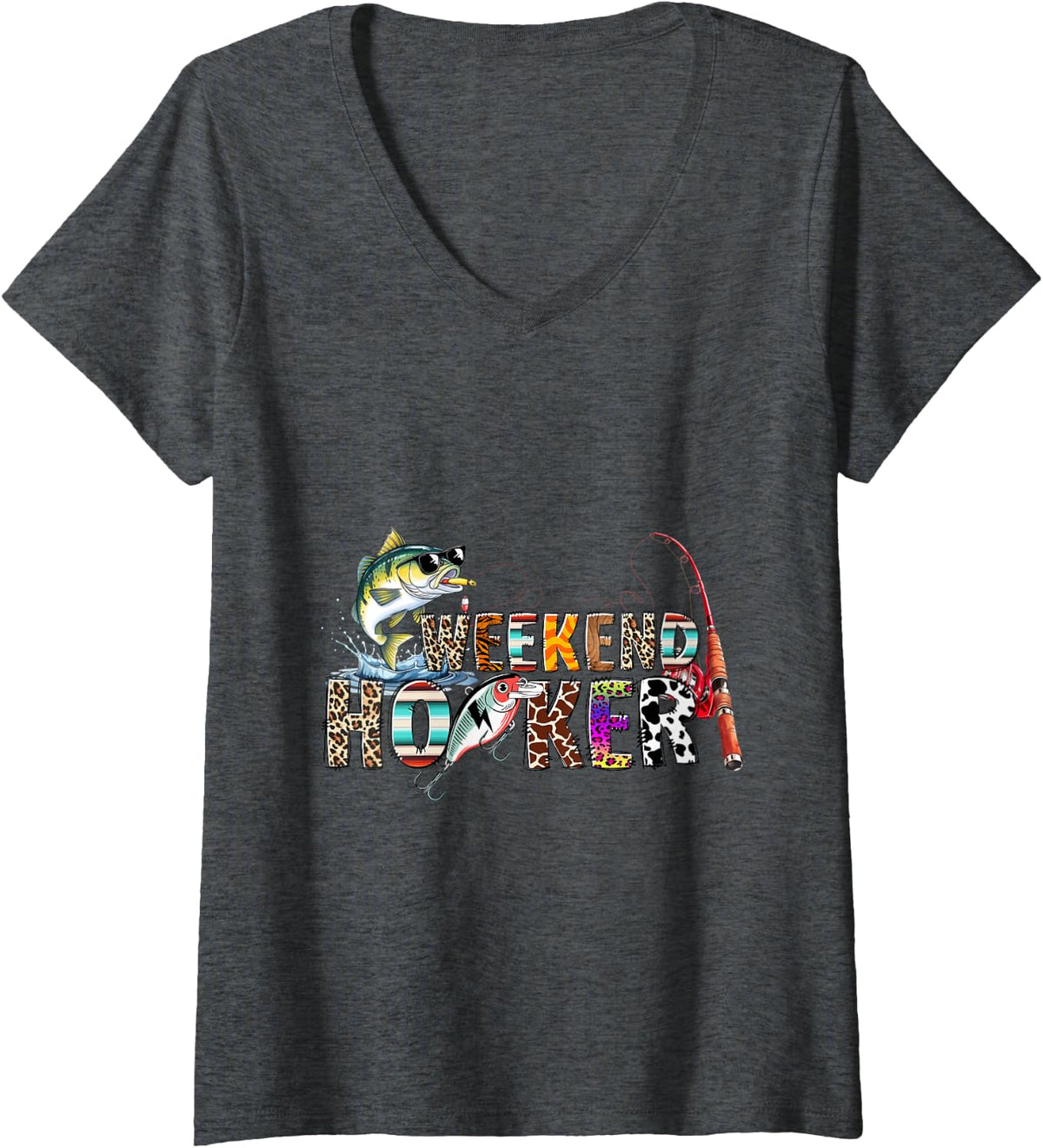Women's Bass Fishing Angler Adventure Vintage Outdoor Weekend Hooker V-Neck T-Shirt - Dark Heather Grey