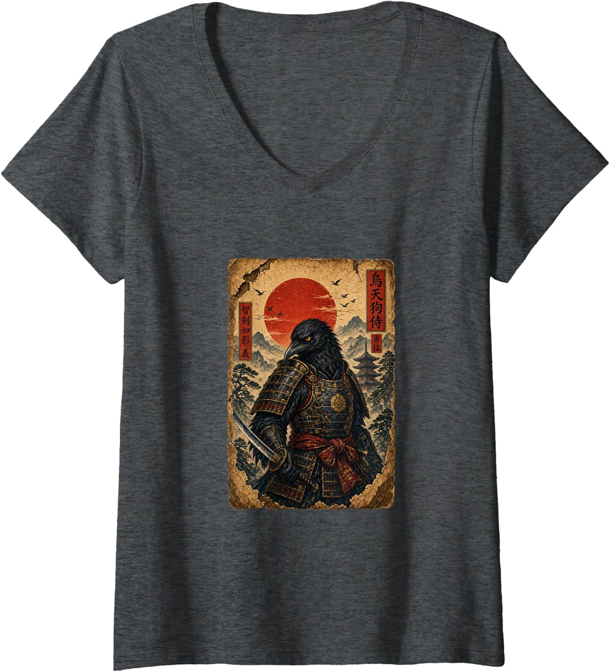 Women's Raven Samurai/Japanese Warrior Vintage Ukiyo-e Crow Design V-Neck T-Shirt - Dark Heather Grey