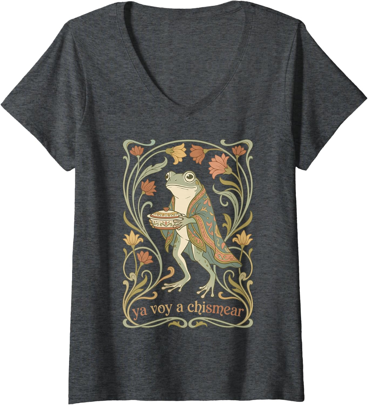 Women's Funny Frog Ya Voy A Chismear Spanish Art Nouveau V-Neck T-Shirt - Dark Heather Grey