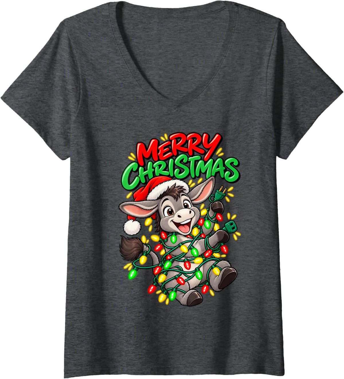 Women's Merry Christmas Happy Donkey Cute Christmas Lights V-Neck T-Shirt - Dark Heather Grey