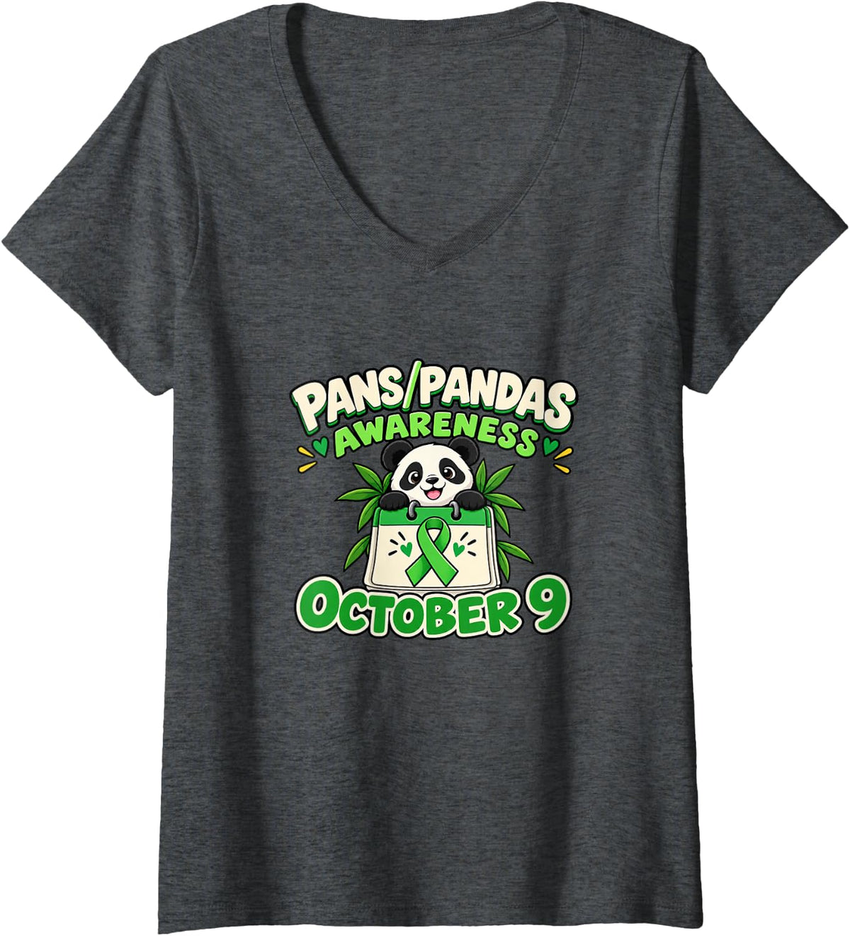 Women's Pans Pandas Awareness October 9 Panda Calendar Ribbon V-Neck T-Shirt - Dark Heather Grey