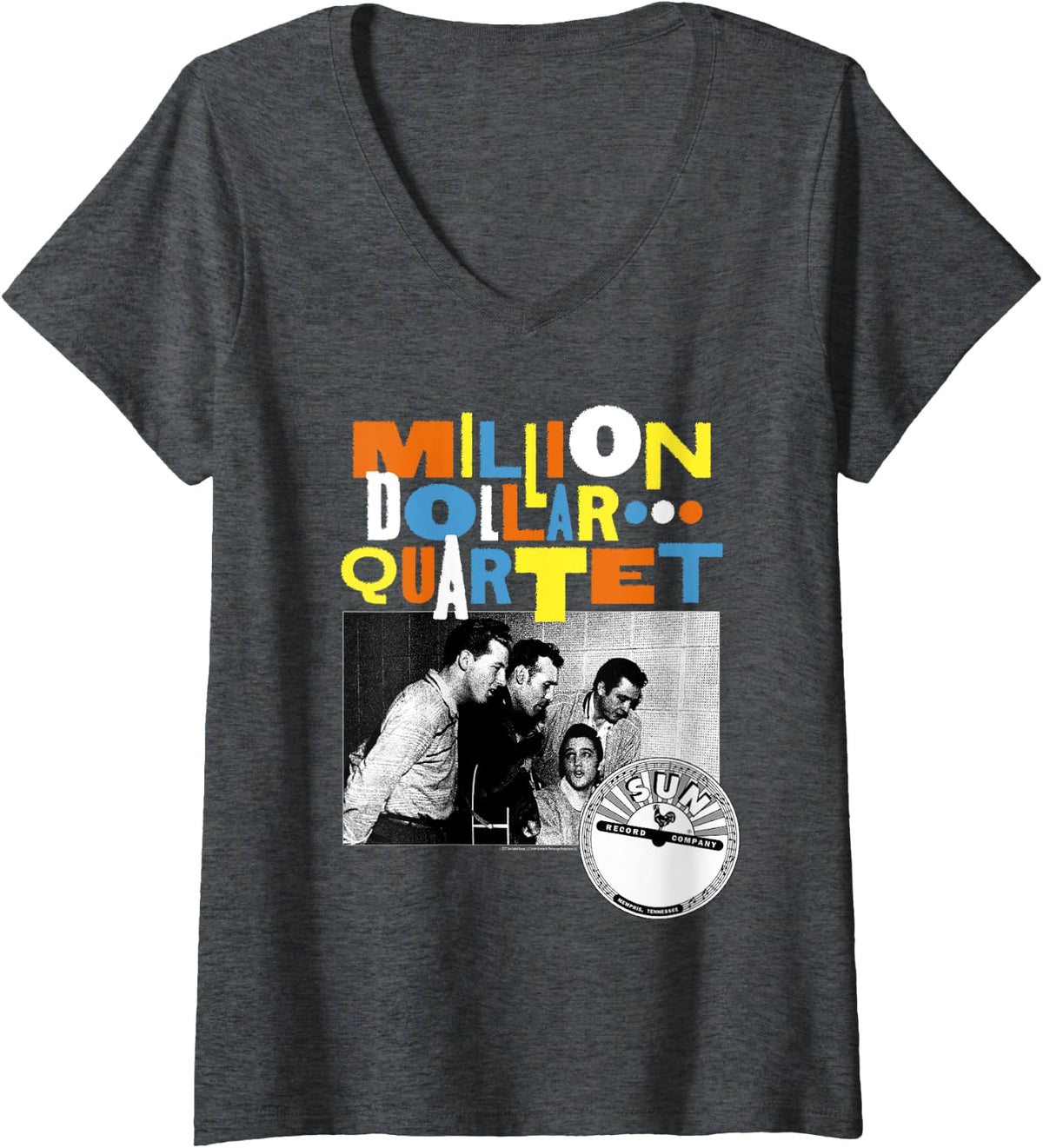 Womens Million Dollar Quartet Multicolor Logo Black and White Photo V-Neck T-Shirt - Dark Heather Grey