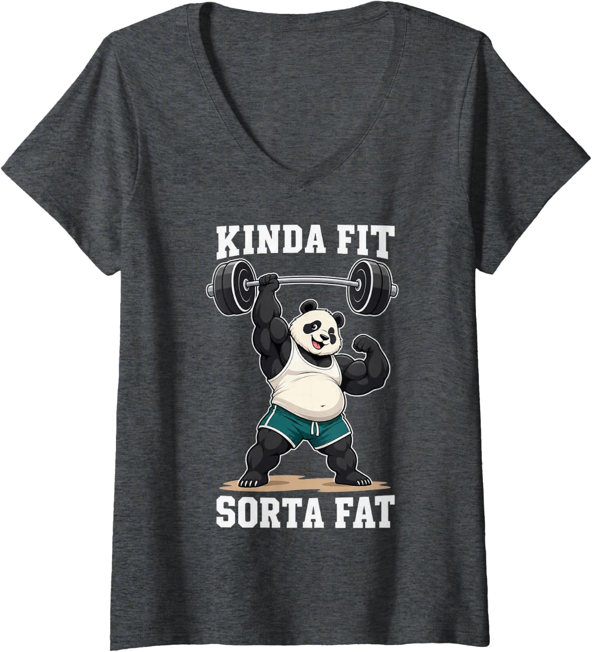 Women's Kinda Fit Sorta Fat Gym Panda Weightlifting V-Neck T-Shirt - Dark Heather Grey