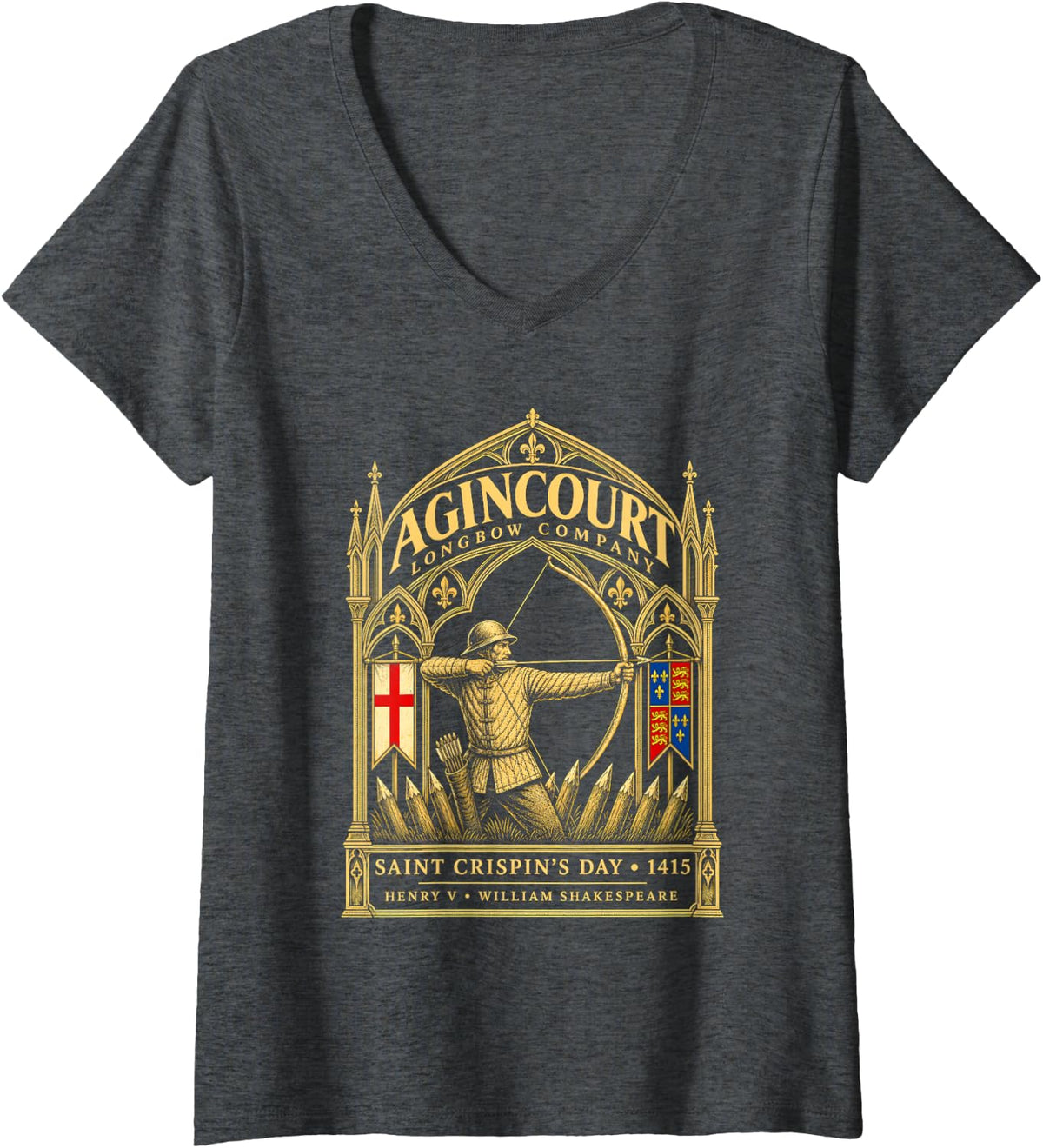 Women's Agincourt Longbow Company Saint Crispin's Day 1415 Archer V-Neck T-Shirt - Dark Heather Grey