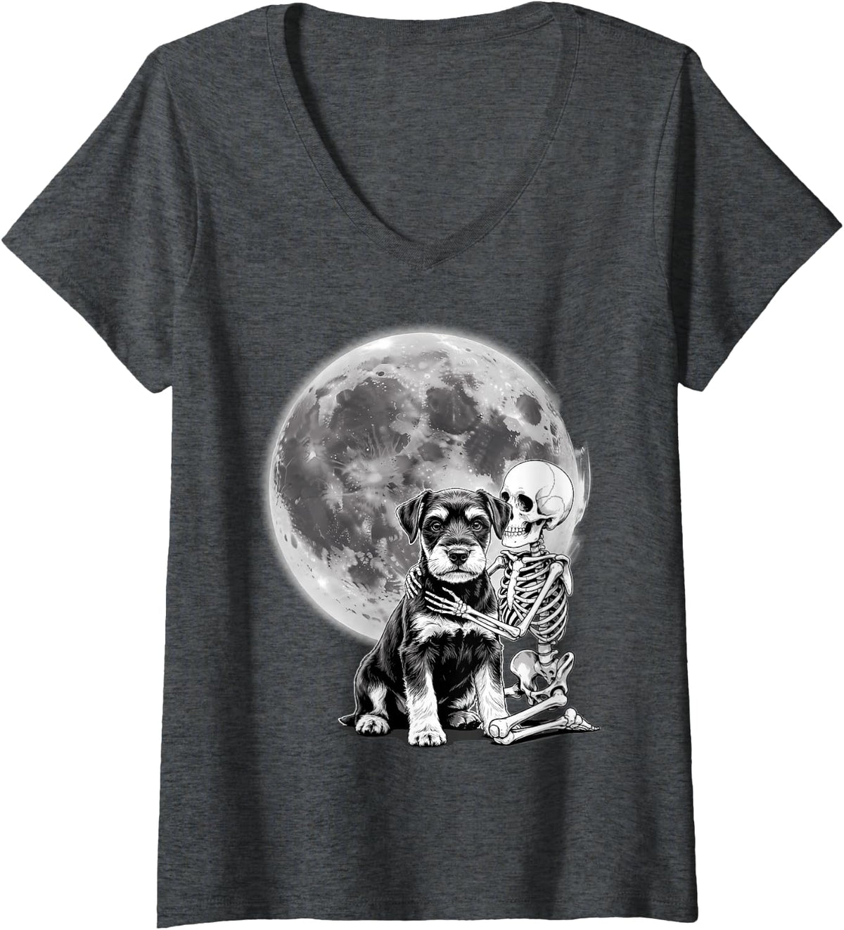 Women's Skeleton Hugging Dog Halloween Miniature Schnauzer Lover V-Neck T-Shirt - Dark Heather Grey