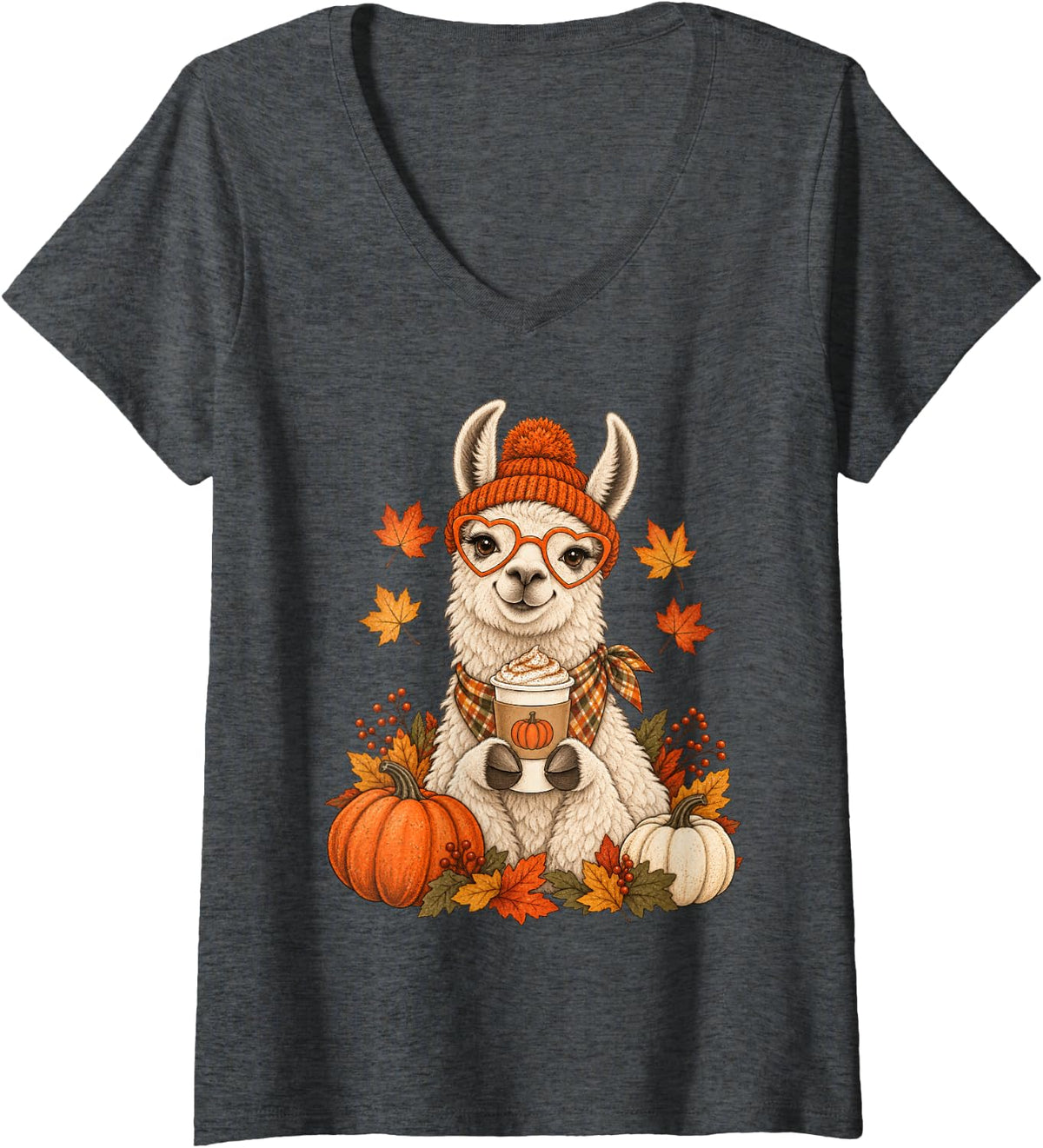 Women's Llama Fall Autumn Season Pumpkin Spice V-Neck T-Shirt - Dark Heather Grey