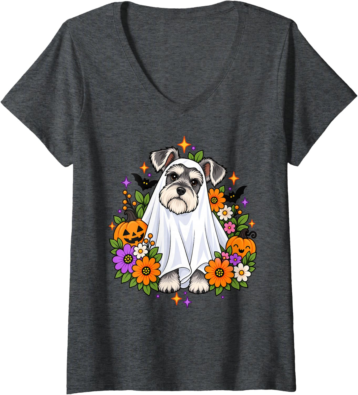 Women's Floral Miniature Schnauzer Ghost Halloween Costume V-Neck T-Shirt - Dark Heather Grey