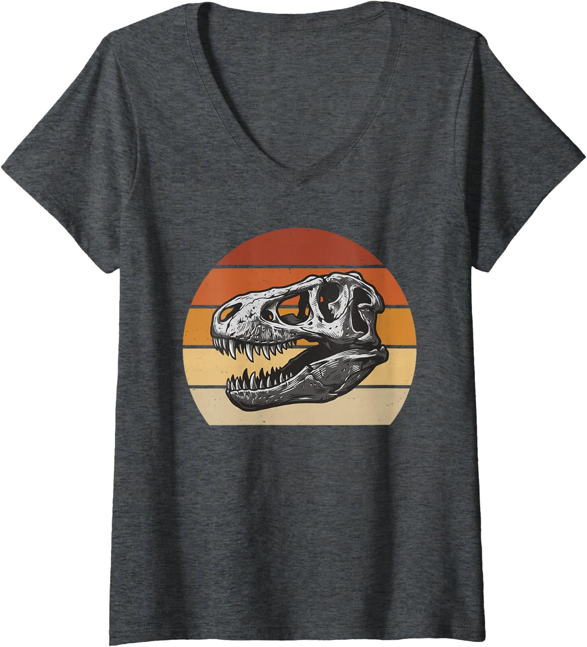 Women's Dinosaur Fossils Tyrannosaurus Rex Skull Retro Paleontology V-Neck T-Shirt - Dark Heather Grey