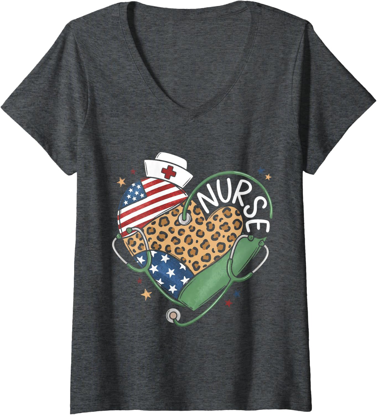 Women's Patriotic Nurse Leopard Heart American Flag Stethoscope V-Neck T-Shirt - Dark Heather Grey