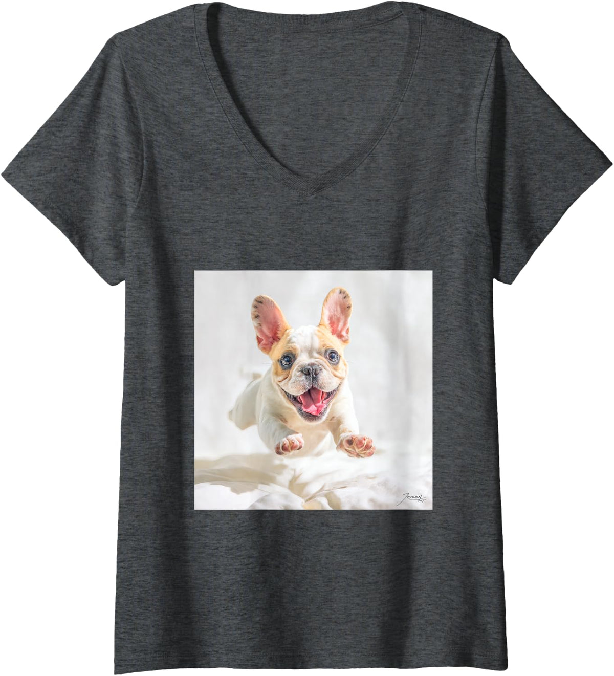 Women's Jumping French Cute Dog V-Neck T-Shirt - Dark Heather Grey