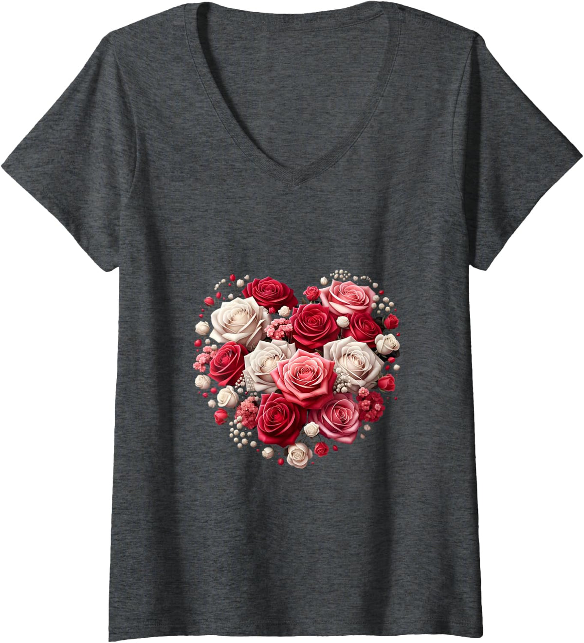 Womens Heart Of Roses Valentines Day Red Pink White Design V-Neck T-Shirt - Dark Heather Grey