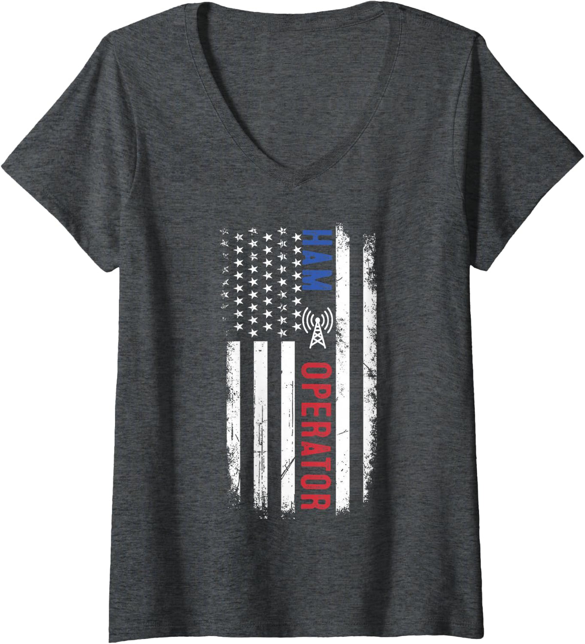 Women's Ham Radio Patriotic American USA Flag Amateur Radio Operator V-Neck T-Shirt - Dark Heather Grey