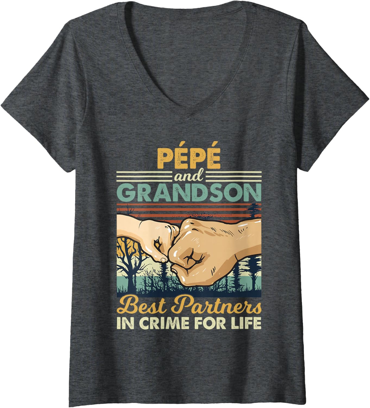 Women's Pepe and Grandson Partner in Crime Vintage Fist Bump V-Neck T-Shirt - Dark Heather Grey